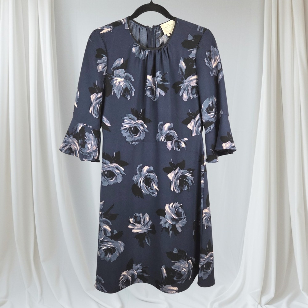 Kate Spade New York Night Rose Crepe Floral Dress Size 6 Bell Sleeves Midi Swing